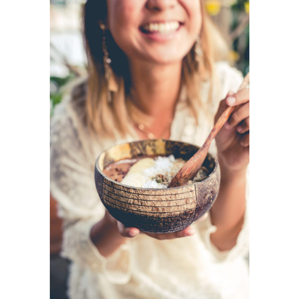 Natural Coconut Bowl with Handmade Wooden Spoon Set (Striped Pattern)